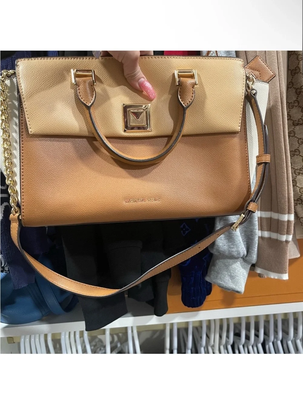 Michael Kors Sylvia Medium Tri-Color Crossgrain Leather Satchel
